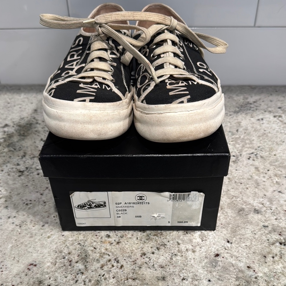 CHANEL Cream and Black Logo Sneakers